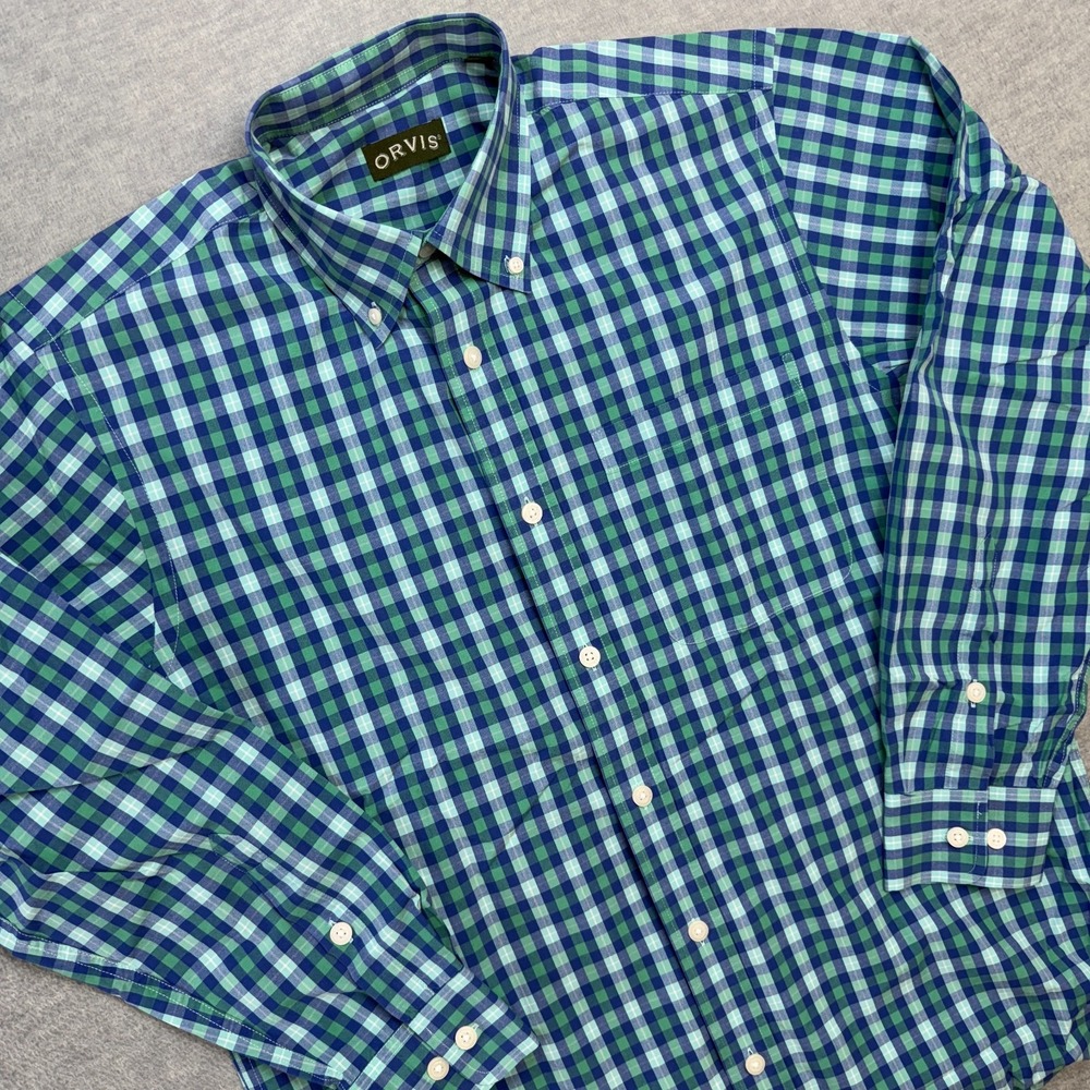 Orvis Shirt Men Medium Blue Green Gingham Check Button Down Heritage Wash Casual